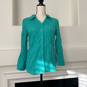 JM Collection Crimped Turquoise Clover Sequined Button-Down Shirt Size 6